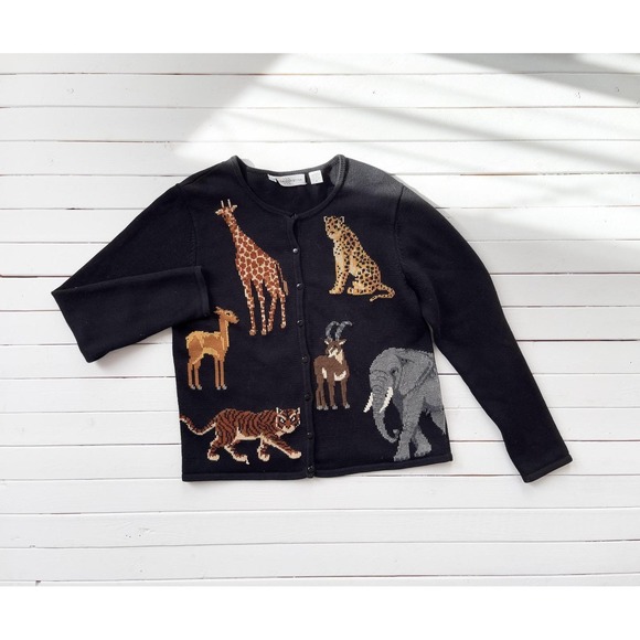 black‎ embroidered sweater 90s vintage Marisa Christina safari animal cardigan